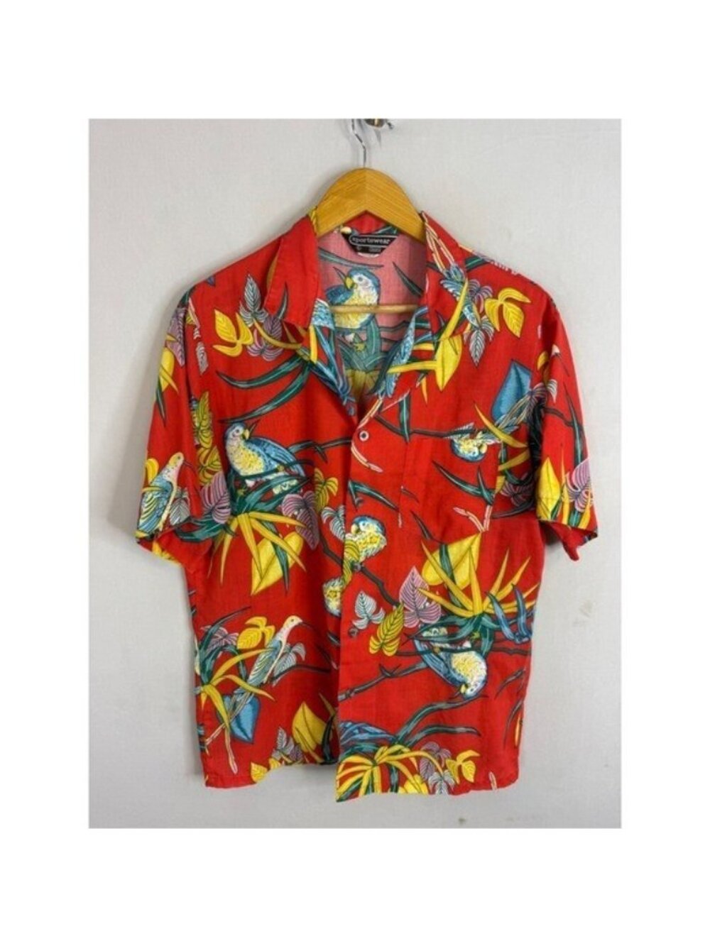 Vintage Sears Sportswear Red Tropical Parrot Bird Print Button Down Shirt Large